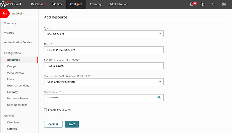 Screenshot of WGC, Add AuthPoint RADIUS Resource